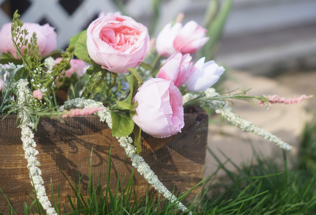 Faux Flowers to Look Real in a farmhouse box