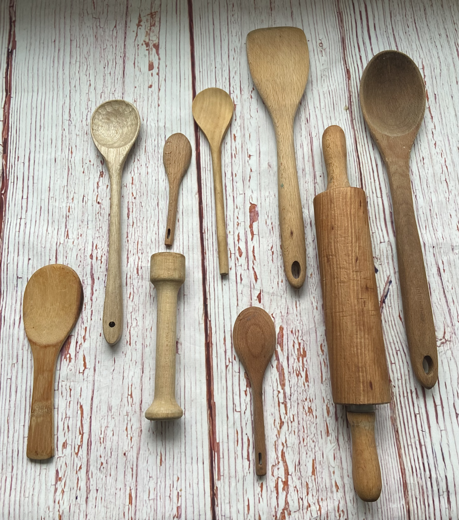 a display of wooden spoon in a kitchen