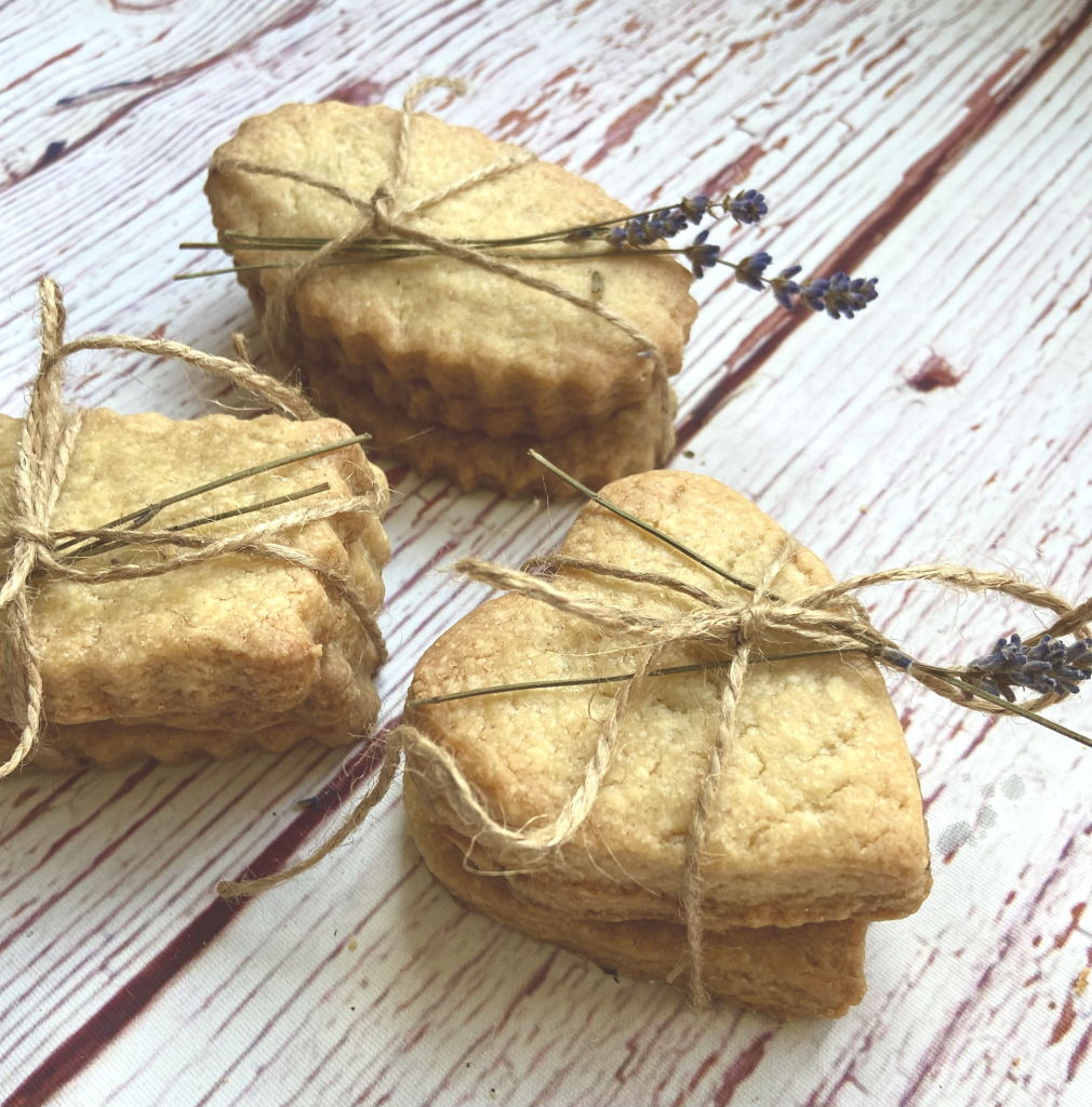 sourdough lavender shortbread cookies tied with twine and lavender
