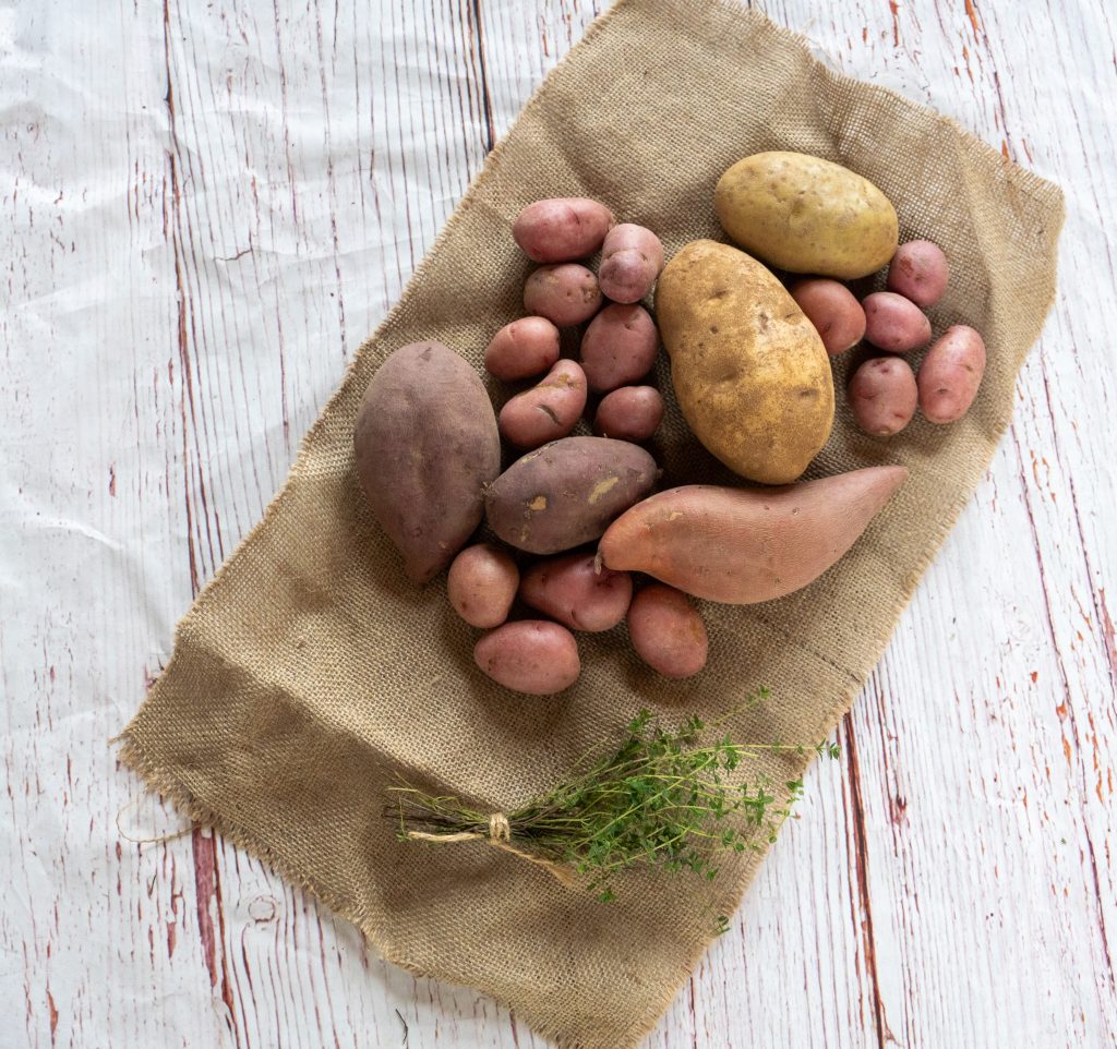 display of potatoes on burlap