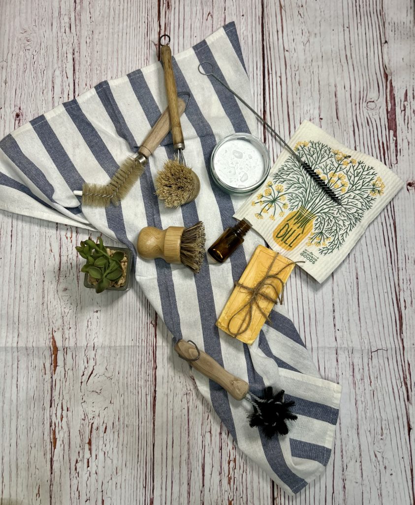 display natural cleaning products such as brushes and essential oil